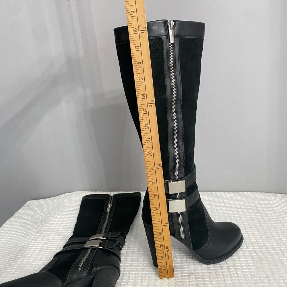 Milana Black Leather Knee High Moto Boots Buckle Block Heel EU 35 US 5 Italy - Picture 11 of 16
